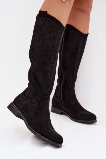 Botas largas para mujer con elementos de encaje y tacones anchos S.Barski HY61-8022 color negro 2