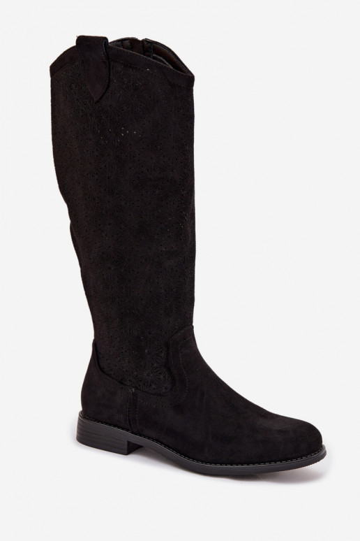 botas de mujer con elementos calados con tacones anchos S.Barski HY61-8022 de color negro