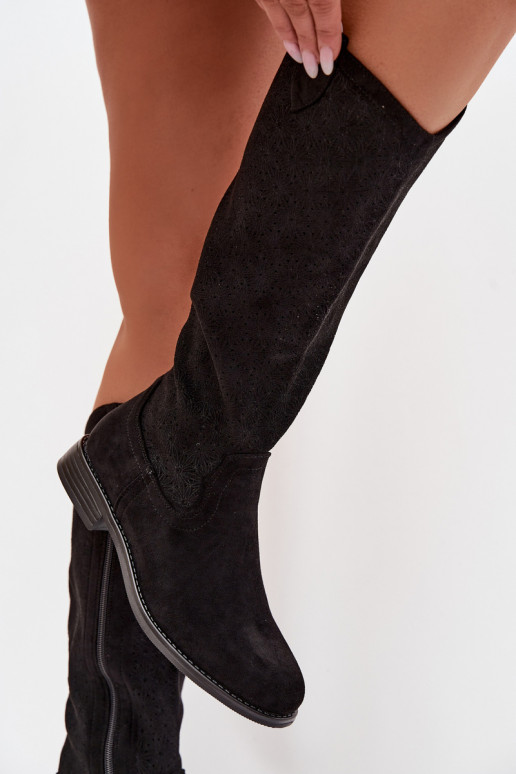 botas de mujer con elementos calados con tacones anchos S.Barski HY61-8022 de color negro