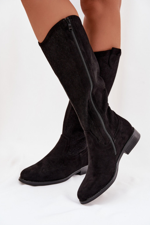 botas de mujer con elementos calados con tacones anchos S.Barski HY61-8022 de color negro