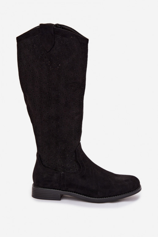 botas de mujer con elementos calados con tacones anchos S.Barski HY61-8022 de color negro