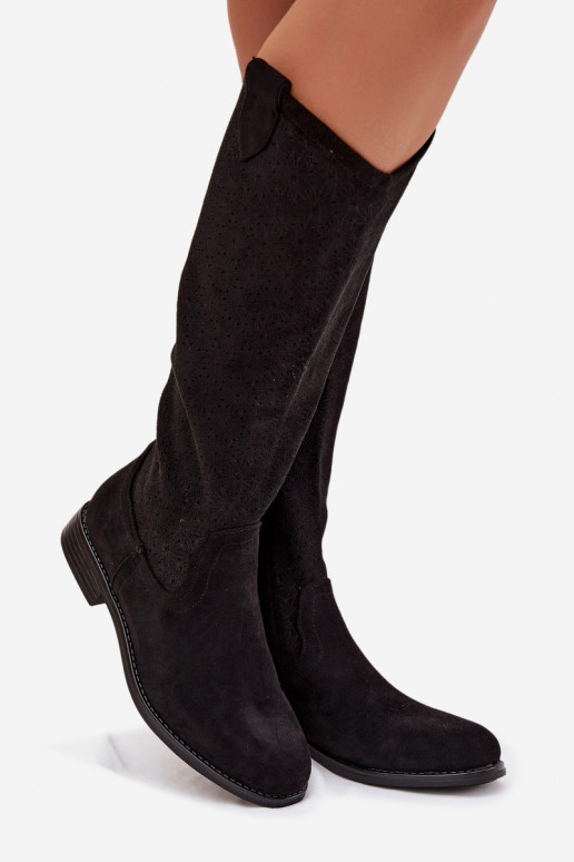 botas de mujer con elementos calados con tacones anchos S.Barski HY61-8022 de color negro