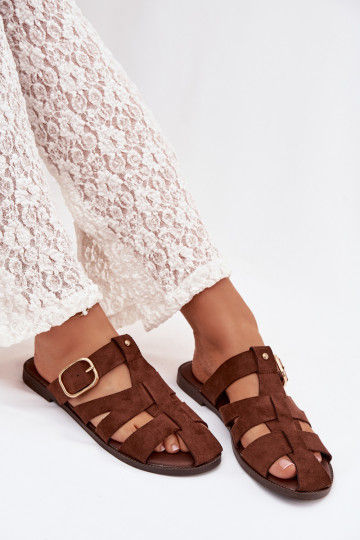 Zapatillas de mujer color marrón con tacones anchos y cintas doradas con hebillas Elzora