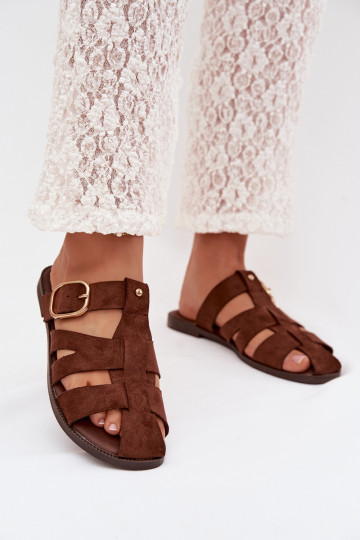 Zapatillas de mujer color marrón con tacones anchos y cintas doradas con hebillas Elzora 2