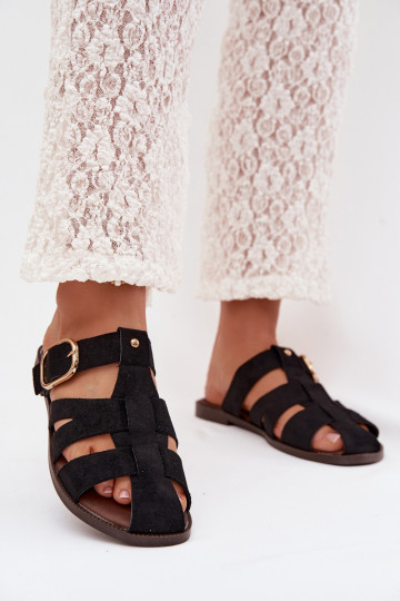 Zapatillas de mujer color negro con tacones anchos y cintas doradas con hebillas Elzora 2