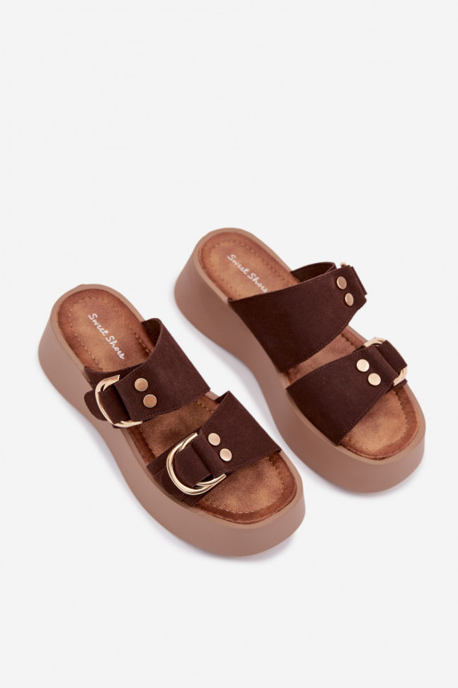 zapatillas de mujer con una plataforma Ze color doradomi con hebillasmi CzekoladoAe Nelirae