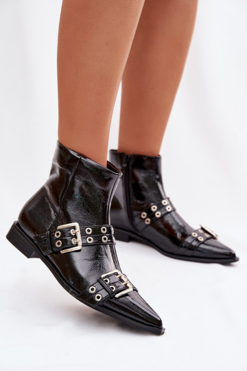 Botines de mujer con efecto charol y tacones anchos con tiras y hebillas color negro Hamira 2