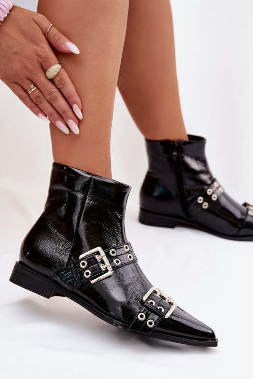 con efecto barniz Botas de mujer con tacones anchos con rayas I con hebillasmi de color negro Hamira