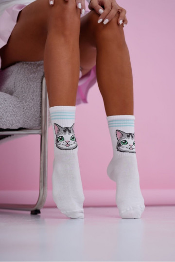 Calcetas para mujer con gatos y huellas de pies azules