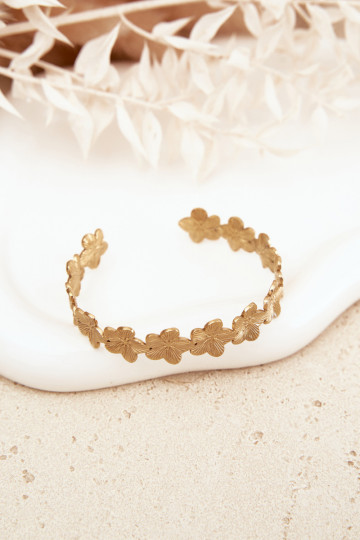Pulsera de acero inoxidable con motivos florales color oro 2