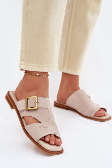 Zapatillas de ante para mujer con tacones anchos y hebillas Big Star TT274476 color arena 2