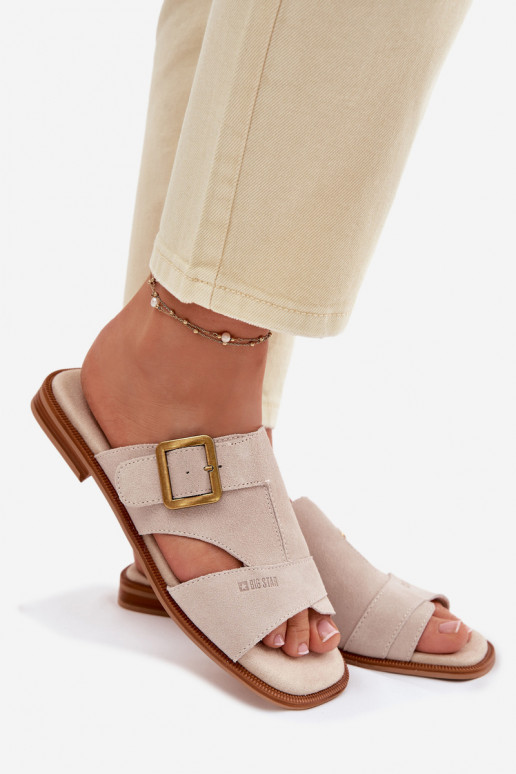 Zapatillas de ante para mujer. con tacones anchos con hebillas Big Star TT274476 beige
