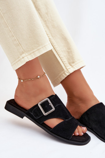 Zapatillas de ante para mujer con tacones anchos y hebillas Big Star TT274477 color negro