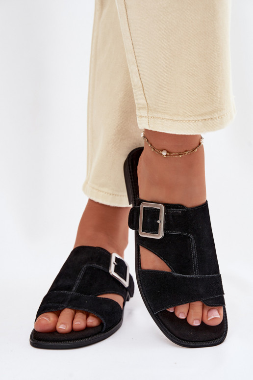 Zapatillas de ante para mujer. con tacones anchos con hebillas Big Star TT274477 de color negro