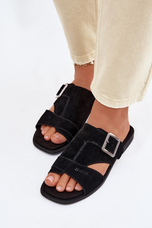 Zapatillas de ante para mujer. con tacones anchos con hebillas Big Star TT274477 de color negro