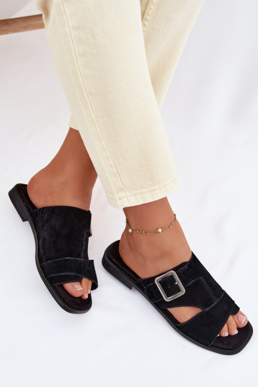 Zapatillas de ante para mujer. con tacones anchos con hebillas Big Star TT274477 de color negro