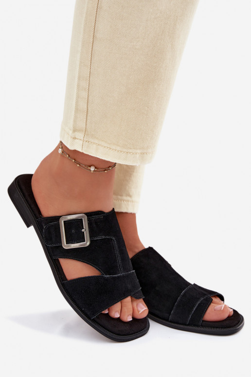 Zapatillas de ante para mujer. con tacones anchos con hebillas Big Star TT274477 de color negro