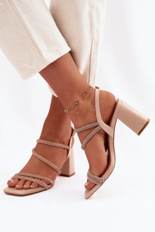 Sandalias de tacón alto para mujer. con rayas y circonitas beige Brelia