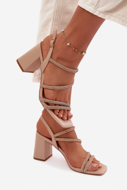 Sandalias de tacón alto para mujer. con rayas y circonitas beige Brelia