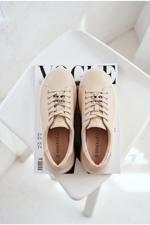 Piel Zapatillas modelo zapatos. Femenino con una plataformaPrzypinką Vinceza 39973 beige