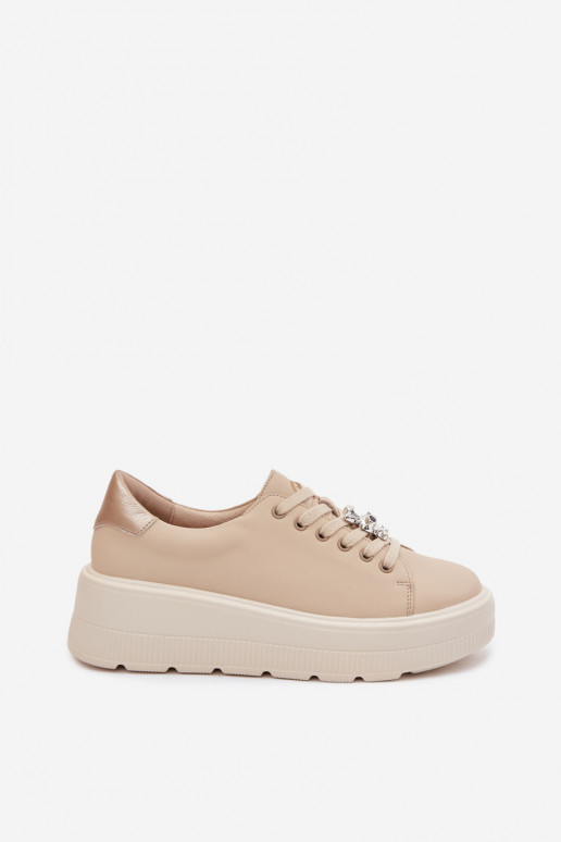 Piel Zapatillas modelo zapatos. Femenino con una plataformaPrzypinką Vinceza 39973 beige