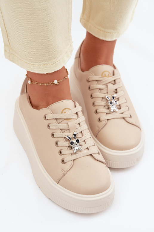Piel Zapatillas modelo zapatos. Femenino con una plataformaPrzypinką Vinceza 39973 beige