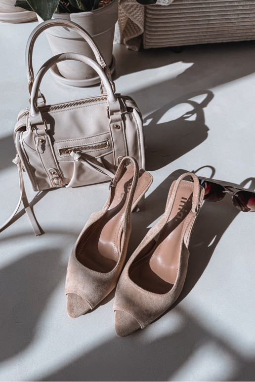 Sandalias de mujer con tacones finos de gamuza ecológicaoAe beige Sevina