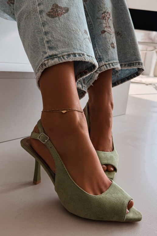 Sandalias de mujer con tacones finos de gamuza ecológicaoAe color verde Sevina