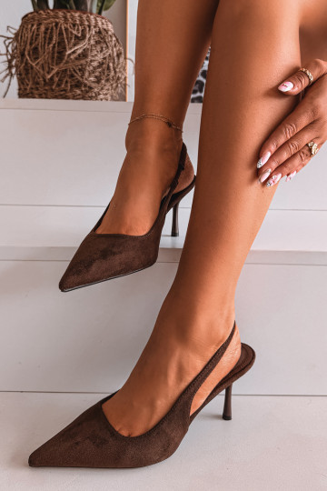 Sandalias de mujer con tacones finosde gamuza ecológicau CzekoladoAe Kevina 2