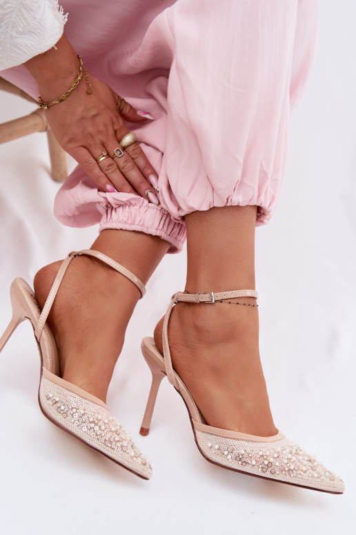 Sandalias de mujer con tacones finos Decorado con brillo I color coralikami beige Nedira