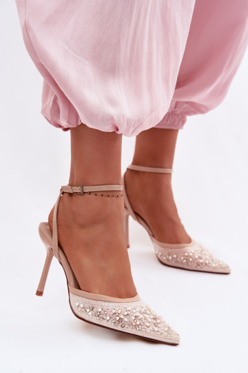 Sandalias de mujer con tacones finos Decorado con brillo I color coralikami beige Nedira 2