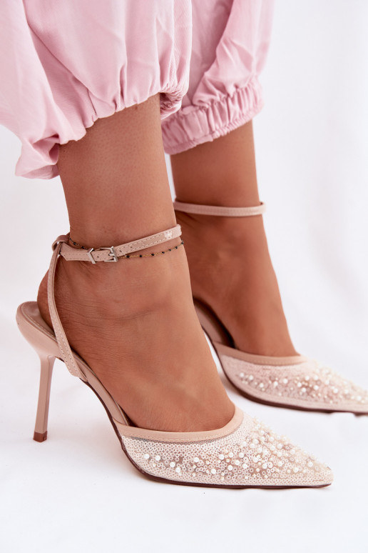Sandalias de mujer con tacones finos Decorado con brillo I color coralikami beige Nedira