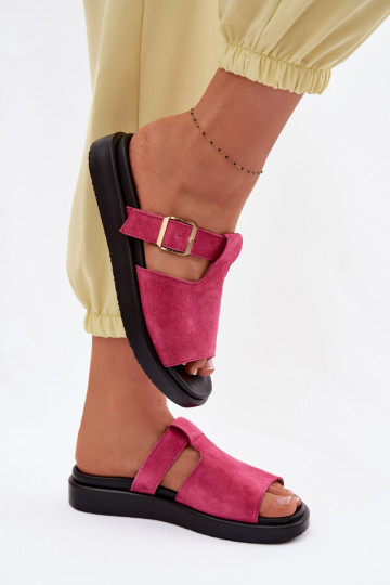 Chanclas de mujer de ante con plataforma y hebillas doradas Zemela color rosa