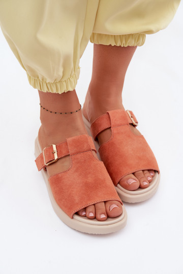 Chanclas de mujer de ante con plataforma y hebillas doradas Zemela color naranja