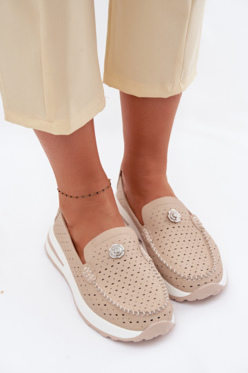 con elementos calados mocasines de mujerActivadoturalnej Skóry beige Kemela