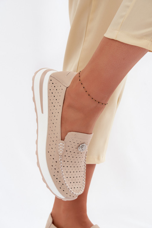 con elementos calados mocasines de mujerActivadoturalnej Skóry beige Kemela