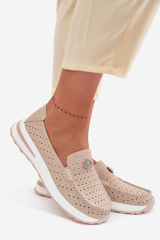 con elementos calados mocasines de mujerActivadoturalnej Skóry beige Kemela