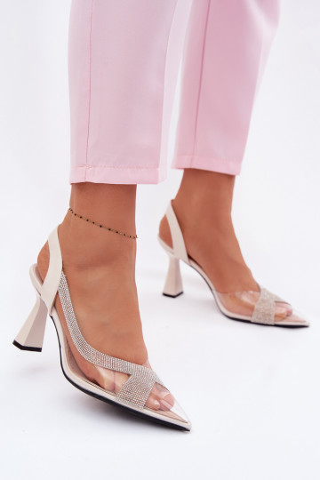 Sandalias de corte láser en color marfil con brillantes y tacones Vinceza 62282 2