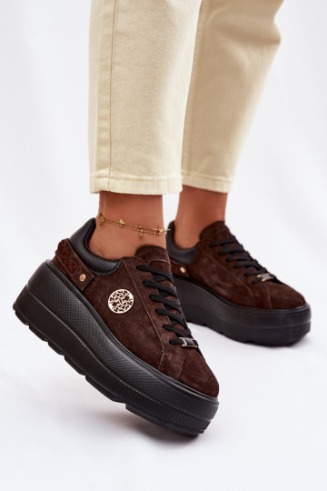 Zapatillas deportivas de ante para mujeres con plataforma D&A LR61-7094 color chocolate