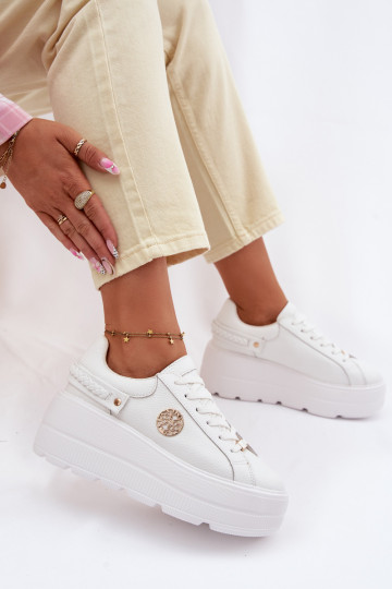 Zapatillas deportivas de cuero para mujeres con plataforma D&A LR61-7095 blancas