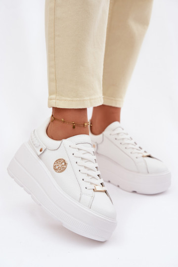 Zapatillas deportivas de cuero para mujeres con plataforma D&A LR61-7095 blancas 2