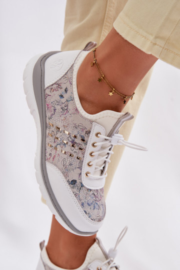 Zapatos de cuero estampados para mujeres D&A GR61-5990 blancos