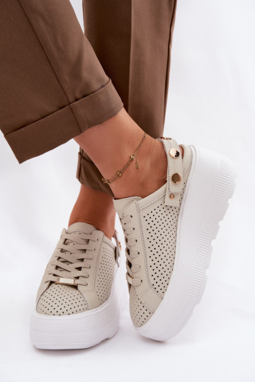Zapatillas deportivas de cuero con detalles calados para mujeres con plataforma y tiras D&A LR61-7088 color arena