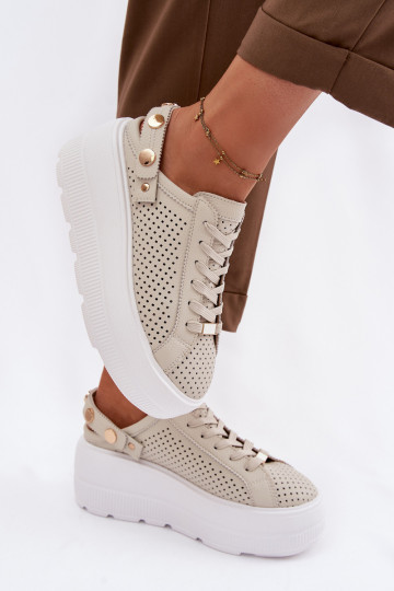 Zapatillas deportivas de cuero con detalles calados para mujeres con plataforma y tiras D&A LR61-7088 color arena 2