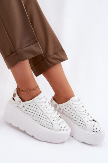 Zapatillas deportivas de cuero con detalles calados para mujeres con plataforma y tiras D&A LR61-7088 blancas