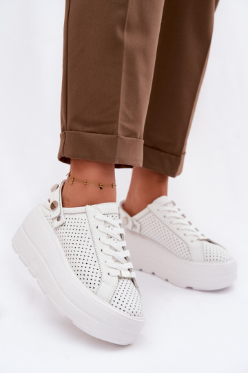 Zapatillas deportivas de cuero con detalles calados para mujeres con plataforma y tiras D&A LR61-7088 blancas 2
