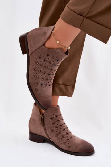 Botines de mujer con perforaciones y tacones anchos Vinceza 58626 color arena