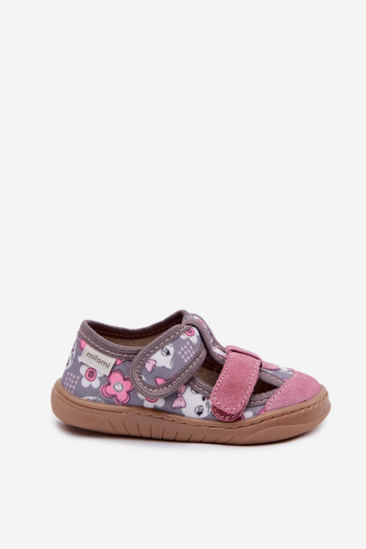 Zapatillas Barefoot Infantil Milami gatos I con flores gris-color rosa Lumi