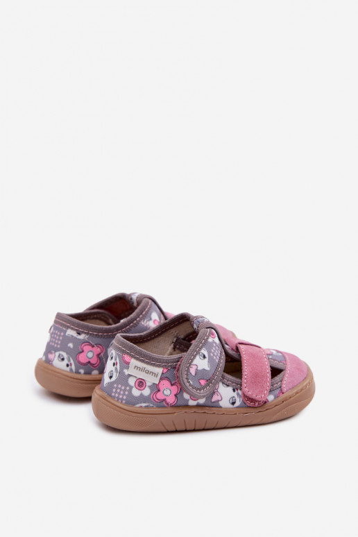 Zapatillas Barefoot Infantil Milami gatos I con flores gris-color rosa Lumi