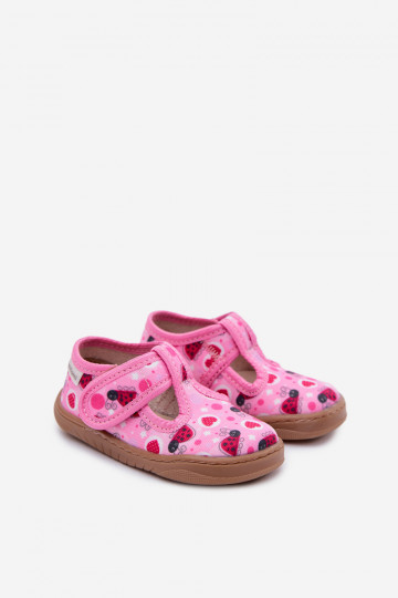 Zapatillas para niños Barefoot con estampado de mariquitas y corazoncitos con cierres adhesivos Milami color rosa Talirae
